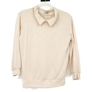 CLU Womens Cotton Blend Lace Trim Pullover Collared‎ Sweatshirt Size S Blush
